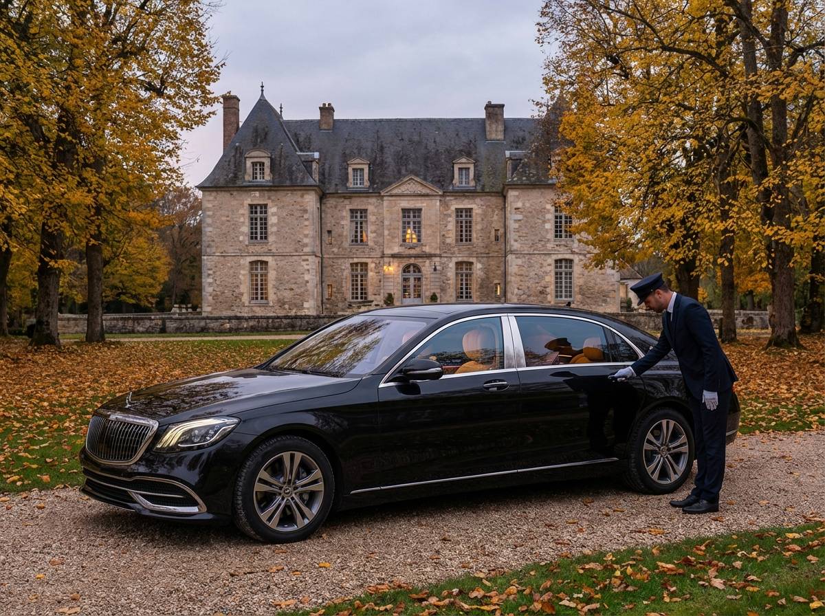 Mercedes noire devant un château bourguignon