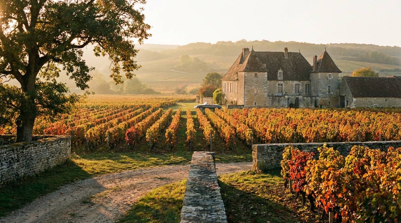 Vignobles bourguignons avec château au coucher du soleil
